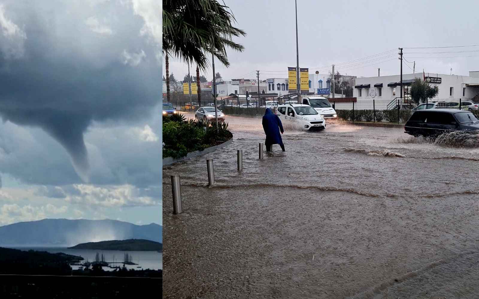 Bodrum’da denizde beliren hortumun ardından dolu ve sağanak bastırdı