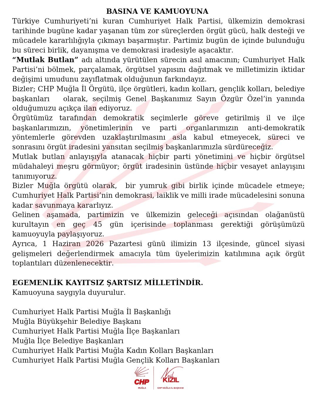 CHP Muğla İl Başkanlığından ‘Birlik ve Demokrasi’ Mesajı
