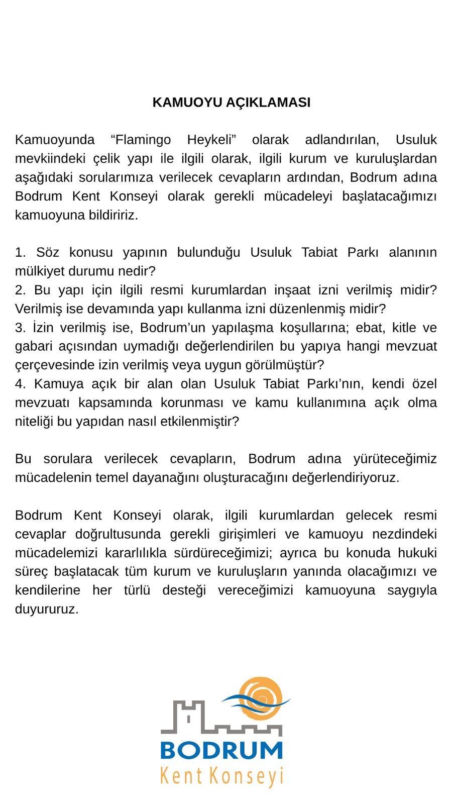 Bodrum Kent Konseyi’nden ‘Flamingo Heykeli’ açıklaması: Hukuki süreç için resmi yanıtlar bekleniyor