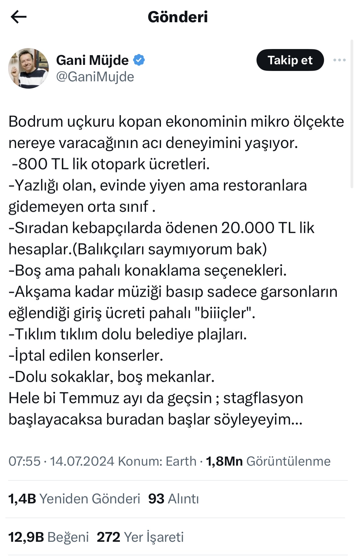 Gani Müjde’den Bodrum esnafına ağır eleştiri; ‘Ekonominin uçkuru kopmuş: Otopark 800 TL!’