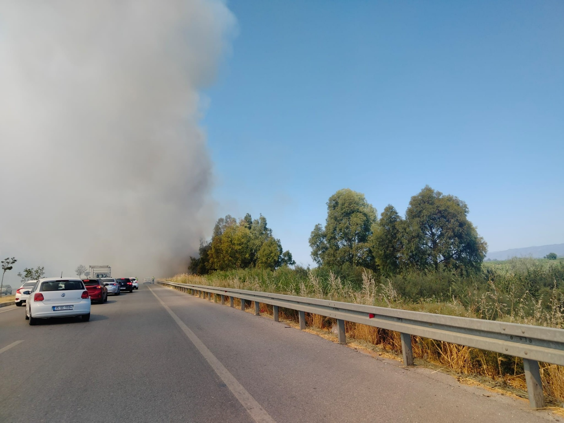 Yol kenarında çıkan yangın, sürücülere zor anlar yaşattı  