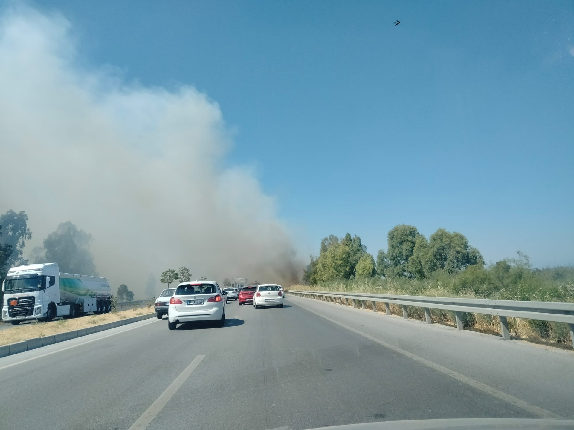 Yol kenarında çıkan yangın, sürücülere zor anlar yaşattı  