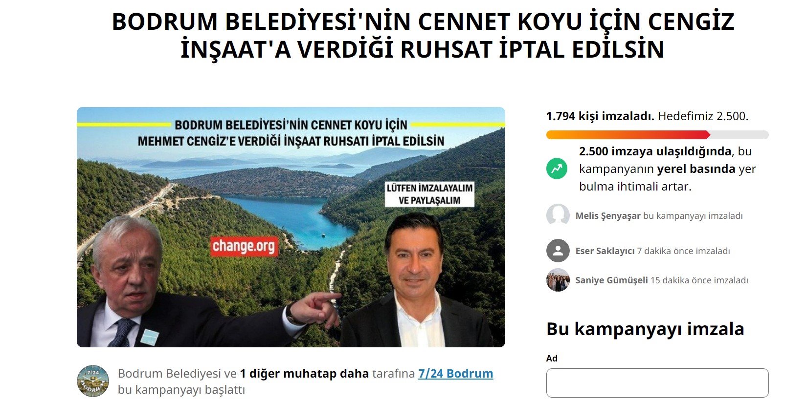 Cennet Koy’a verilen ‘İnşaat Ruhsatının İptali’ için kampanya başlatıldı 